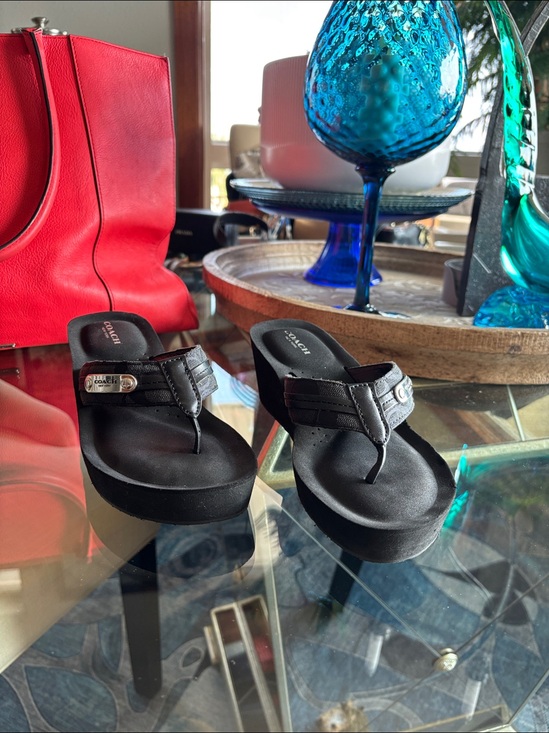 Coach Shoes - Coach Black Leather Thong Sandals with Silver Logo Accent